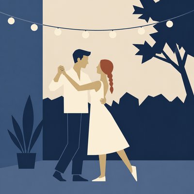 an original couple dancing under string lights in a garden at dusk: a man with short black hair in a linen shirt and a woman with braided red hair in a summer dress