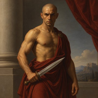 a painting of a man with a sword