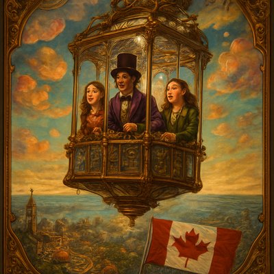 An awe-inspiring and whimsical scene featuring Willy Wonka's Great Glass Wonkavator, soaring through the sky and beyond the confines of Ontario Canada and its flag. The Wonkavator itself is a magnificent, multi-directional glass elevator, transparent and sparkling, with Willy Wonka (wearing his iconic top hat, purple coat, and bowtie) and 2 Canadian ladies looking out with expressions of joy, wonder and excitement. The interior is filled with intricate buttons and levers for controlling its magical flight. The Wonkavator is depicted in mid-flight, ascending above the clouds flying out to the ocean. Below it, the fantastical landscape of Ontario Canada is visible with a large Canadian flay flying over the city. –  and various whimsical buildings. Beyond Ontario, a stunning, imaginative sky unfolds, perhaps with floating candy clouds, distant fantastical landmarks, or even glimpses of outer space and planets. The lighting is bright and magical, emphasizing the glass's transparency and the vibrant colors of the world below and beyond. The overall mood is one of boundless adventure, limitless possibilities, and pure, joyful fantasy."
