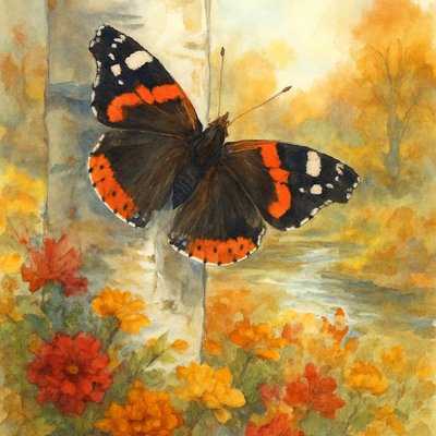 Watercolor Painting Art Style, a delicate yet vibrant Red Admiral butterfly with its wings fully open, showcasing its striking black, orange, and white patterns, gently resting against the textured, pale white bark of an aspen tree. The tree stands in a lower elevation scene, overlooking a serene stream whose water reflects the soft autumn light. Surrounding the butterfly are lush, colorful fall flowers arranged like a charming garden, in hues of deep red, golden yellow, and rustic orange, with hints of green foliage. The overall scene is bathed in soft, clear autumn light, creating a peaceful, luminous, and artistic atmosphere with beautiful color transitions. Focus on the delicate translucency of the butterfly's wings, the subtle nuances of the aspen bark, and the blended, rich tones of the fall garden and stream.