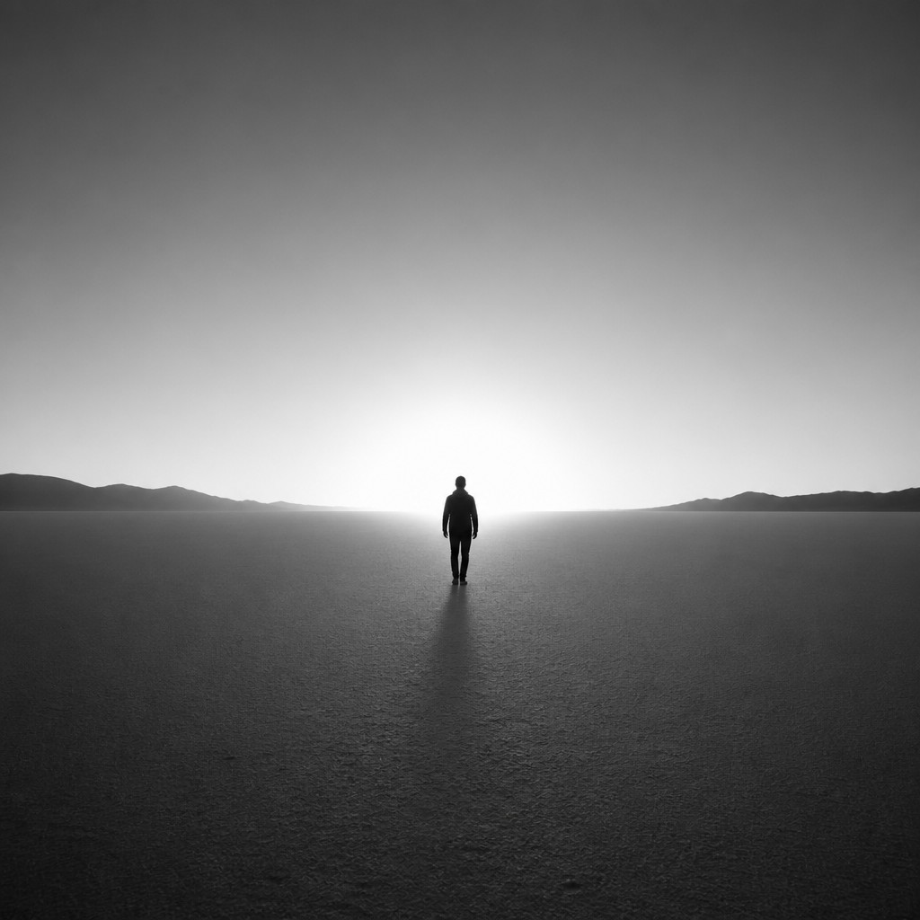 a solitary figure walking toward a glowing horizon across an empty plain, moody atmosphere, no text or lettering