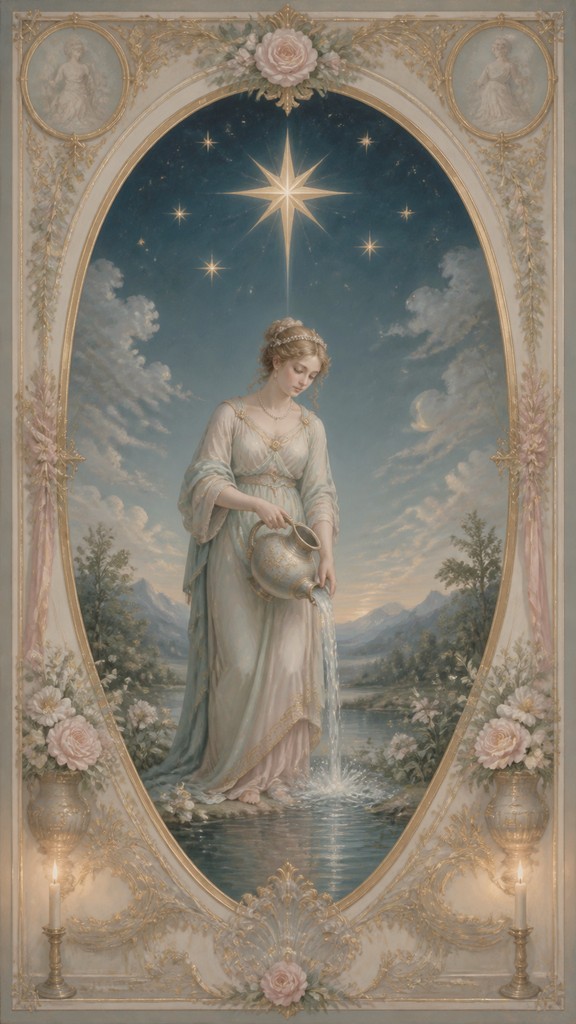 a robed figure pouring water beneath a large eight-pointed star in a night sky, symmetrical composition with an ornate decorative border, no text