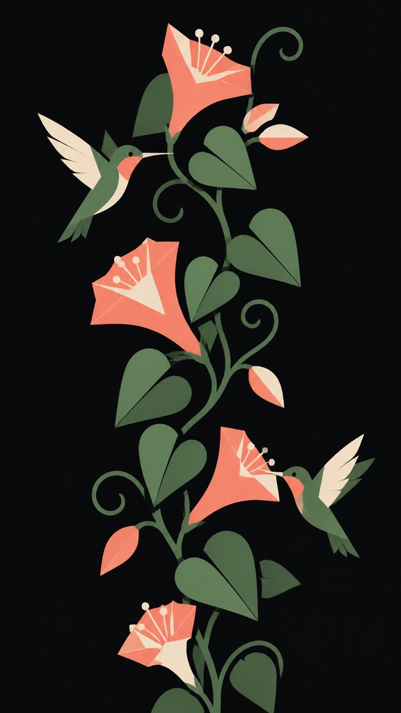 a climbing vine of flowers and hummingbirds on a dark background, tall wrapping composition, no text