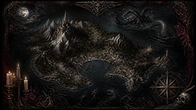 a map of an island realm with mountains, forests, a sheltered bay, sea monsters in the water and a compass rose, no text labels