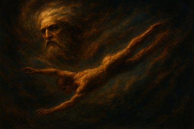 a painting of a man with his arms spread out