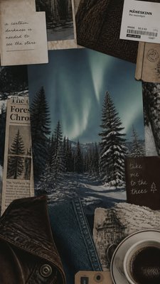 a snowy pine forest under the northern lights, no people