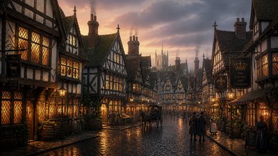 bustling city street panorama at dusk