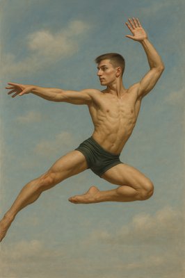 a painting of a man jumping in the air