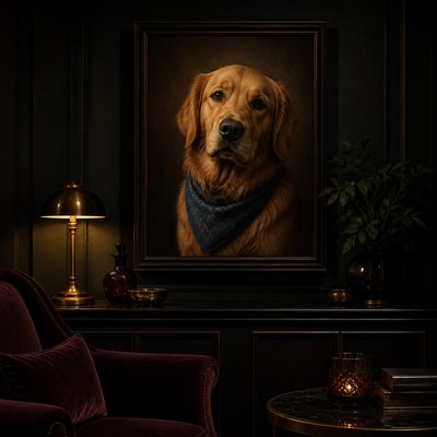 portrait of a golden retriever wearing a blue bandana, warm plain backdrop, no text