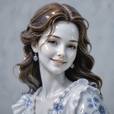 head-and-shoulders portrait of an original character: a young woman with wavy chestnut hair and a warm smile, plain soft backdrop