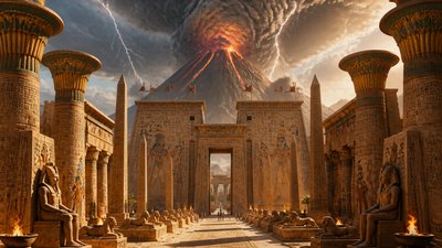 an erupting volcano with lightning strikes, dramatic wide composition, no text