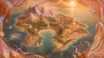 a map of an island realm with mountains, forests, a sheltered bay, sea monsters in the water and a compass rose, no text labels