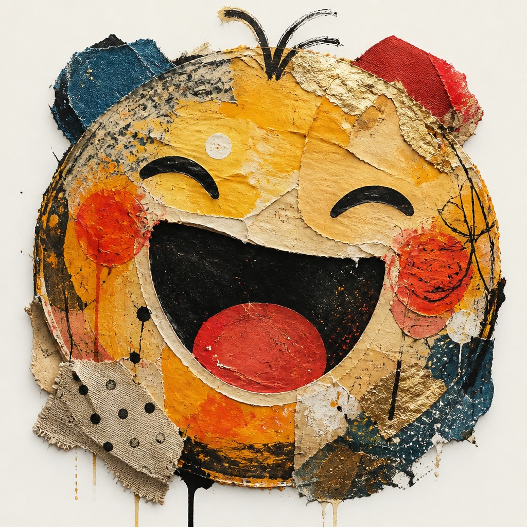 an exaggerated laughing face of an original round mascot character, bold and readable at small size, plain background, no text