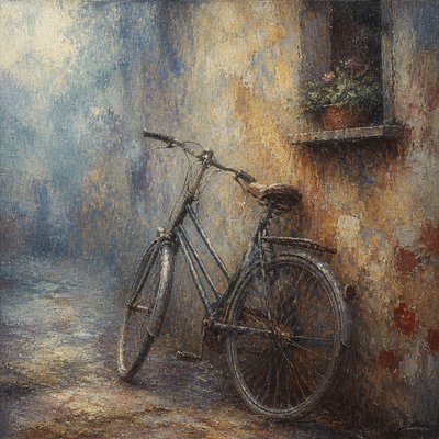 bicyle resting against a wall — Scumbling Painting Style