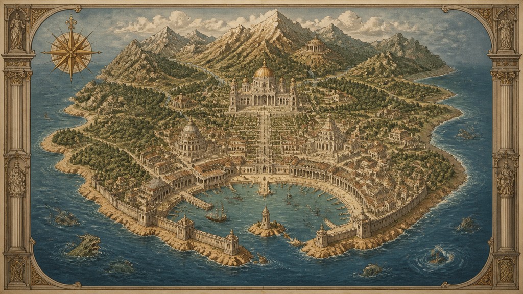 a map of an island realm with mountains, forests, a sheltered bay, sea monsters in the water and a compass rose, no text labels
