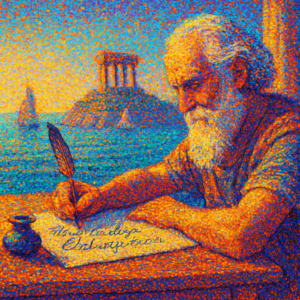 a man sitting at a table writing on a piece of paper