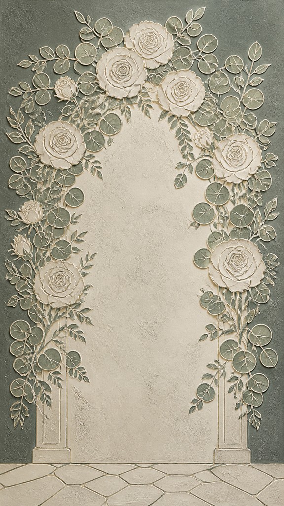 an arch of white roses and eucalyptus in soft morning light, elegant vertical composition with open space, no text