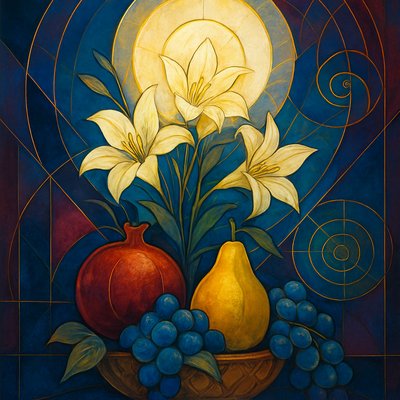 still life arrangement of fruits and flowers