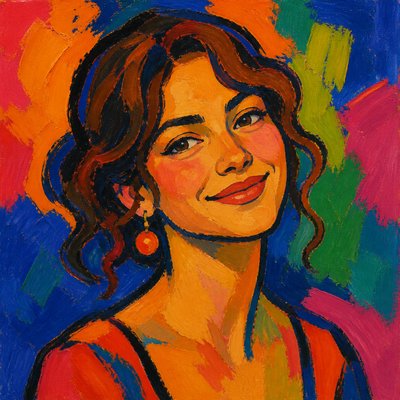 head-and-shoulders portrait of an original character: a young woman with wavy chestnut hair and a warm smile, plain soft backdrop