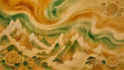 a flowing aurora over snowy peaks, wide sweeping composition, no people, no text
