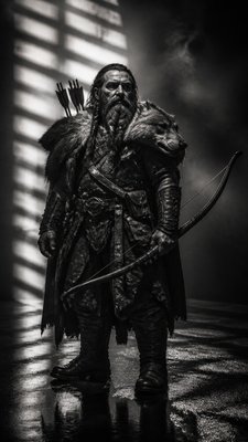 full-body original character: a dwarven ranger with a braided auburn beard, worn leather armor, a longbow and a wolf-pelt cloak, neutral background, no text