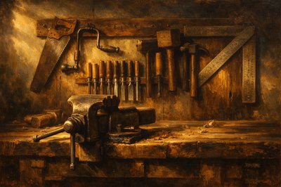 Walking into a workshop, a clean, but well-used work area with low light, I see a straight-on view of an old workbench with a vise mounted on it, with tools hanging on the wall behind it.  A handsaw, brace-and-bit, several different size and styles of screwdrivers, several chisels hanging in a rack together, a couple mallets and clawhammers, and particularly, a large carpenter's square.  