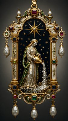a robed figure pouring water beneath a large eight-pointed star in a night sky, symmetrical composition with an ornate decorative border, no text