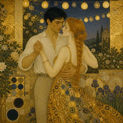 an original couple dancing under string lights in a garden at dusk: a man with short black hair in a linen shirt and a woman with braided red hair in a summer dress