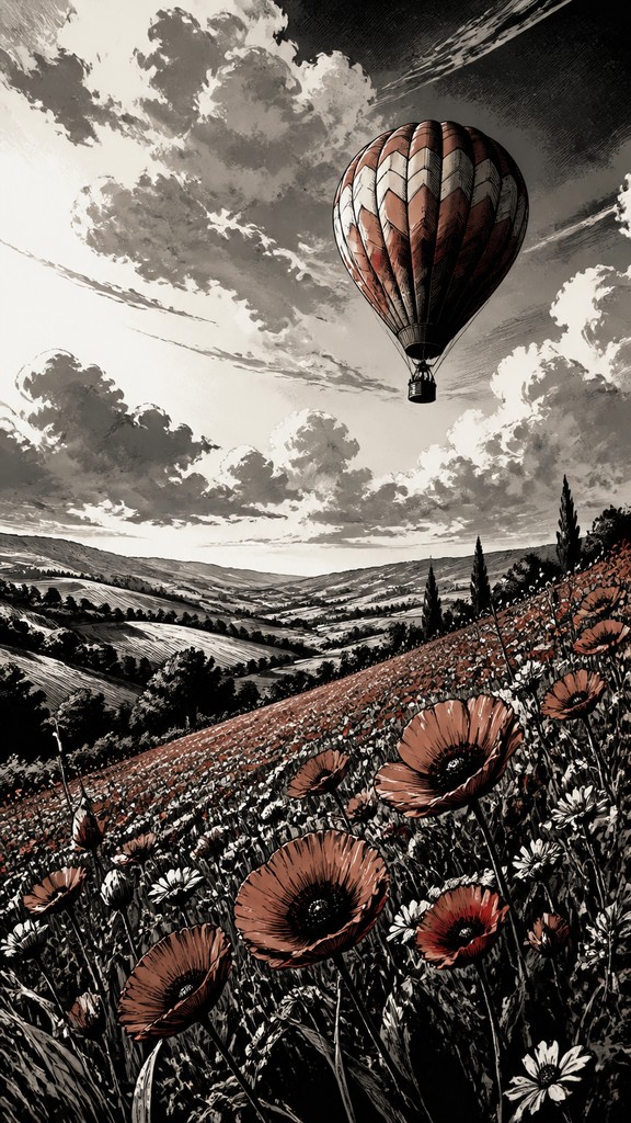 a hot air balloon drifting over rolling flower fields on a sunny day, cheerful, no text