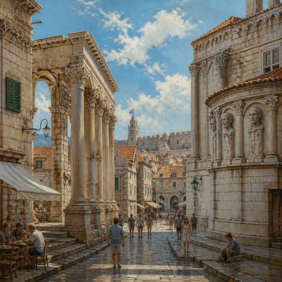 urban street with city activity — Croatian Art Style