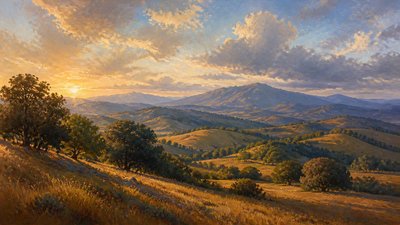 rolling hills with scattered trees under a big dramatic sky, no people