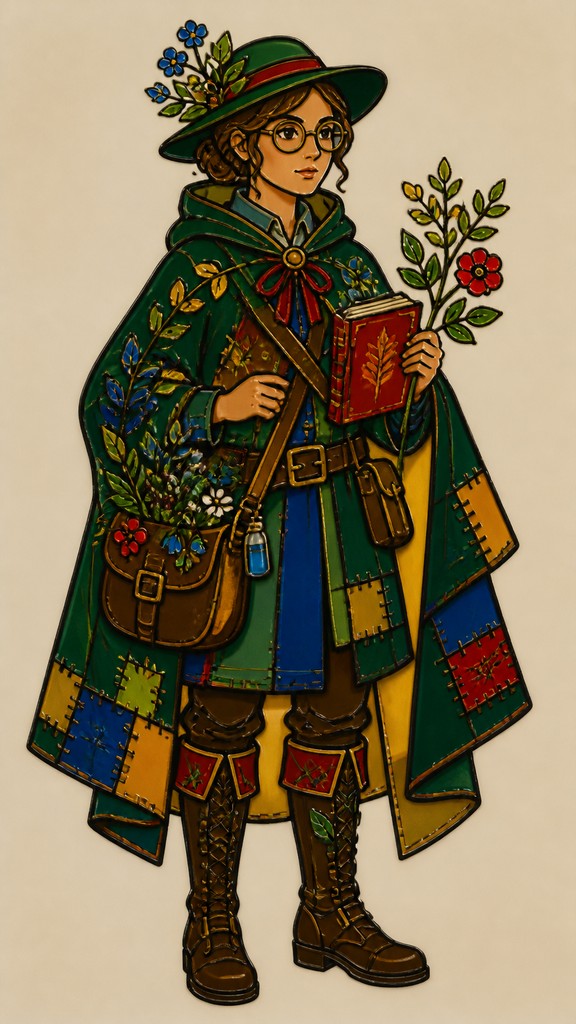 full-body original character: a wandering botanist with a satchel of plants, a patched green cloak, tall boots and round glasses, neutral background
