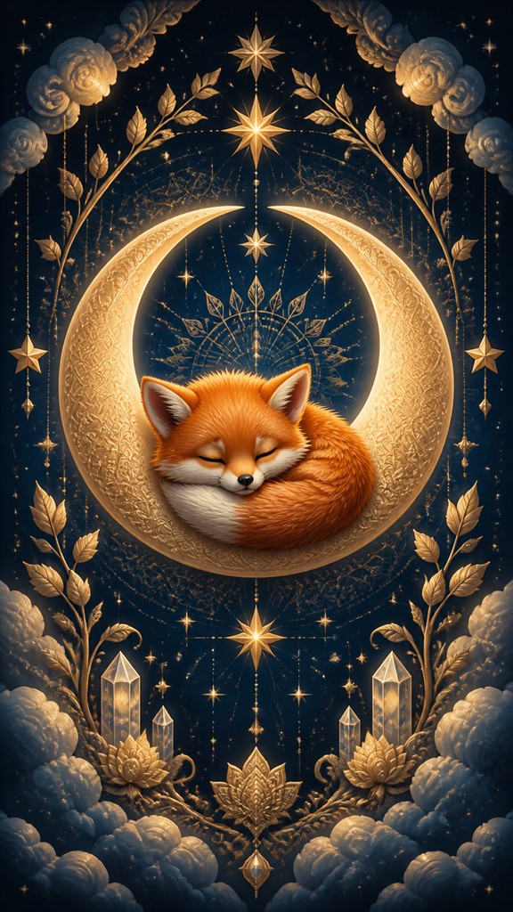 a sleeping baby fox curled on a crescent moon among soft stars, gentle and warm, no text