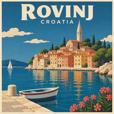 A travel poster with the name of the town and country 
