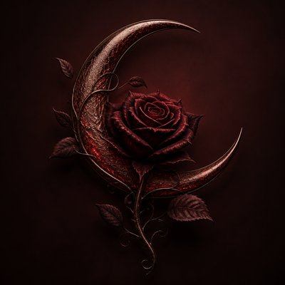a rose entwined with a crescent moon, clean balanced composition on a plain background, no text
