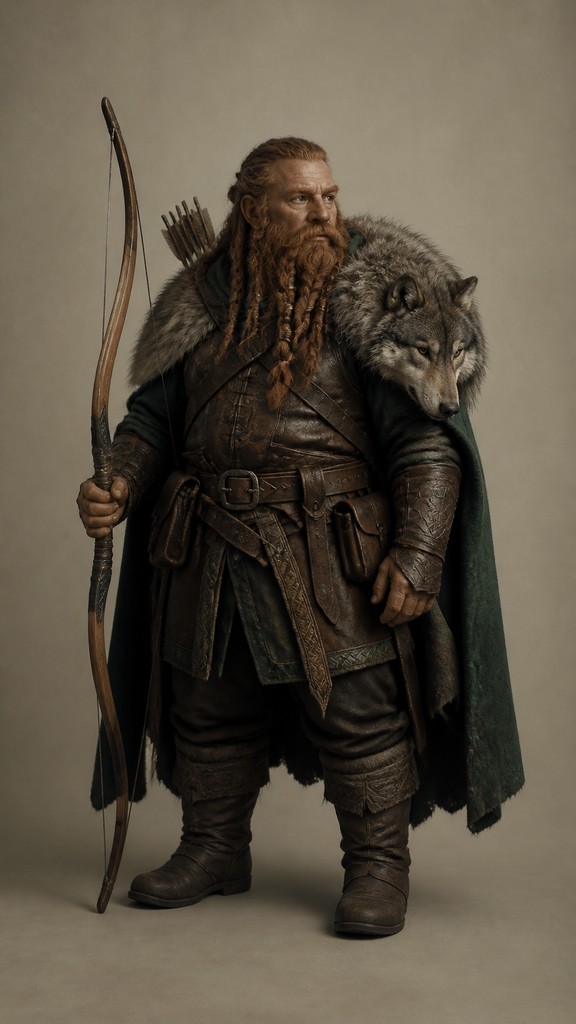 full-body original character: a dwarven ranger with a braided auburn beard, worn leather armor, a longbow and a wolf-pelt cloak, neutral background, no text