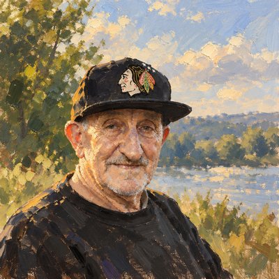 a painting of a man wearing a black hat