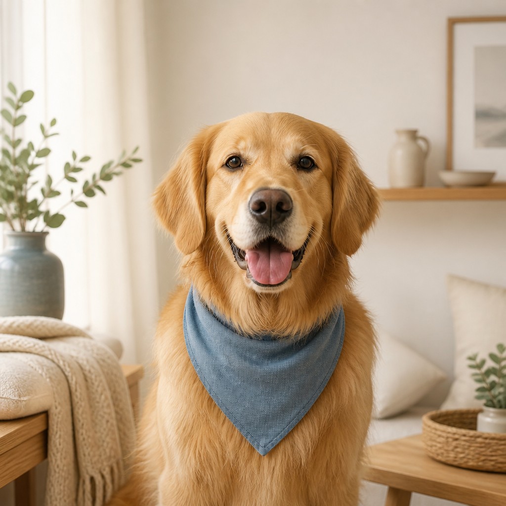 portrait of a golden retriever wearing a blue bandana, warm plain backdrop, no text