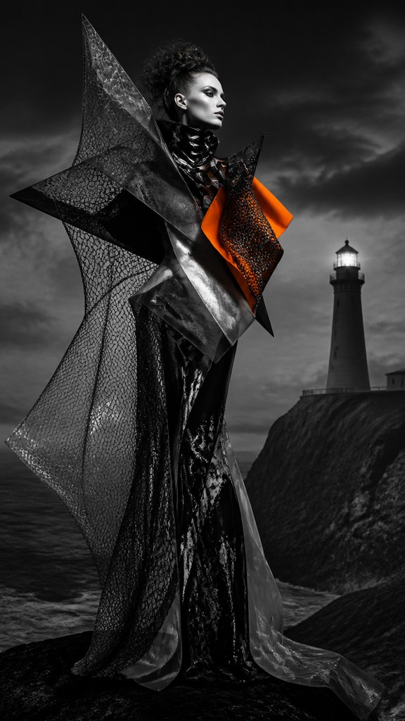 a lone lighthouse on a cliff at dusk under a dramatic sky, no text or lettering