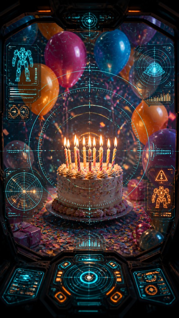a birthday cake with lit candles surrounded by balloons and confetti, festive vertical composition, no text