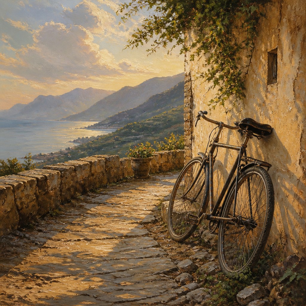 bicyle resting against a wall