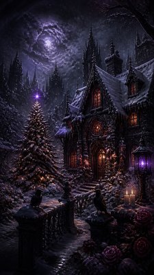 a snow-covered cottage with warm glowing windows beside a decorated pine tree, gentle snowfall, no text