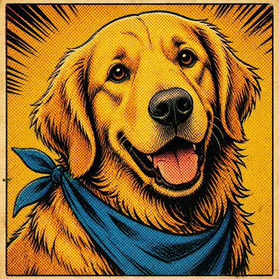 portrait of a golden retriever wearing a blue bandana, warm plain backdrop, no text