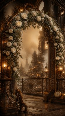 an arch of white roses and eucalyptus in soft morning light, elegant vertical composition with open space, no text