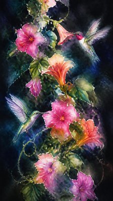 a climbing vine of flowers and hummingbirds on a dark background, tall wrapping composition, no text