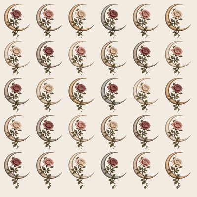 a rose entwined with a crescent moon, clean balanced composition on a plain background, no text