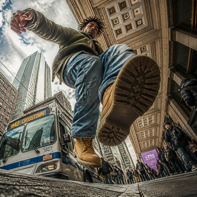 urban street with city activity — Dramatic Foreshortening Art Style