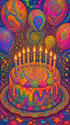 a birthday cake with lit candles surrounded by balloons and confetti, festive vertical composition, no text