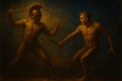 a painting of two naked men holding hands
