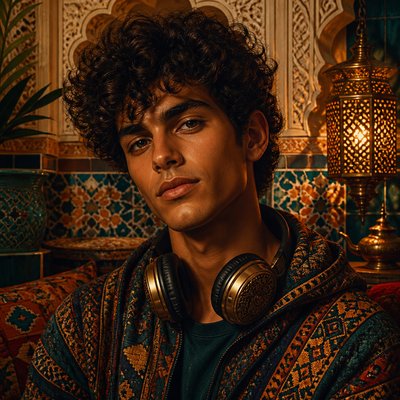head-and-shoulders portrait of an original character: a young man with curly dark hair and headphones around his neck, plain backdrop, no text